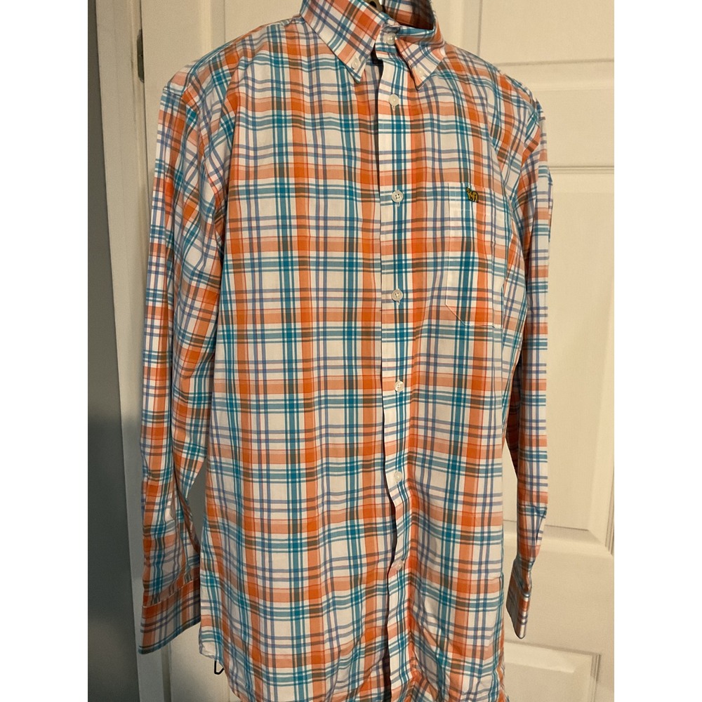 Bearbottom Clothing Mens Orange Blue Plaid Button Down Shirt Size Medium Cotton‎